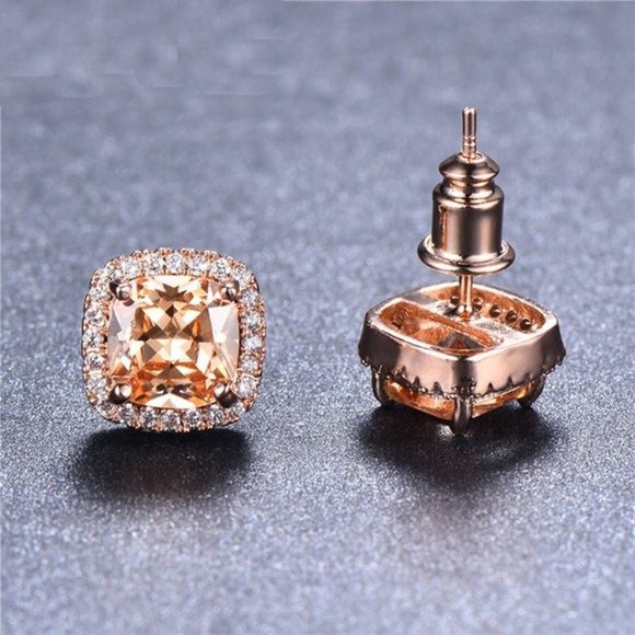 Rose Gold Princess Cut Champagne Topaz Stud Earrings - Picture 2 of 4
